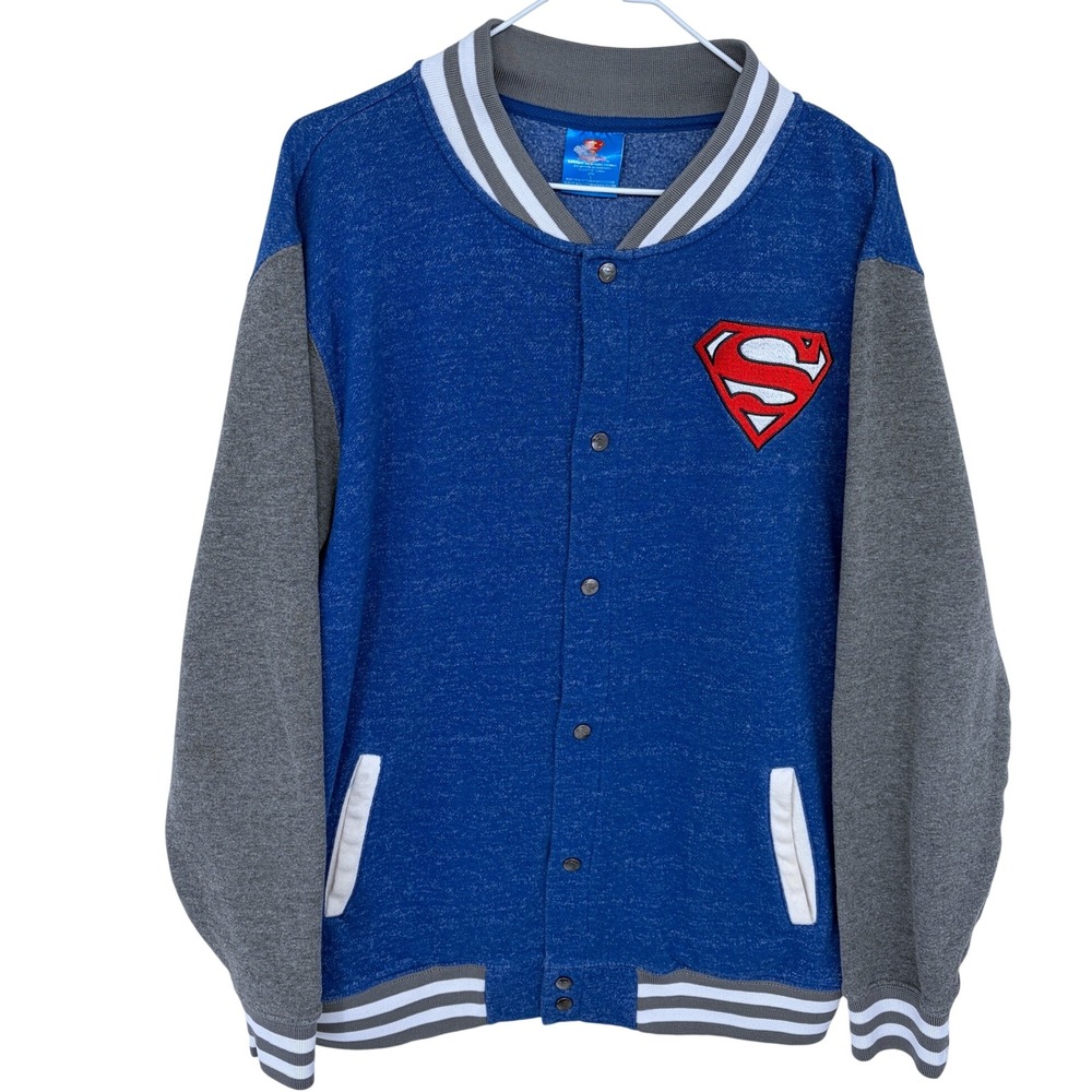Superman Varsity Jacket Large Blue Gray Snap Button Letterman‎ Style DC Comics